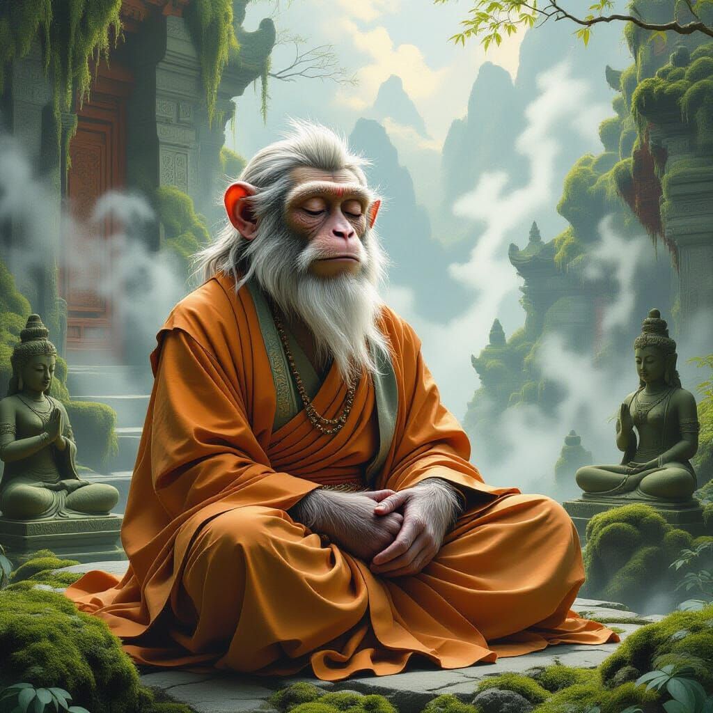 Monkey Sage Meditating in Mountain Temple