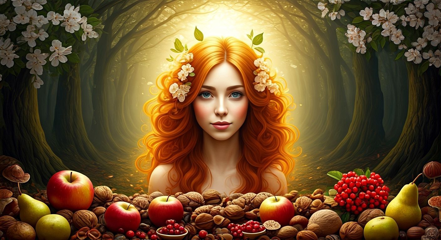 Whimsical Woman in Forest with Fruit, Matte Painting
