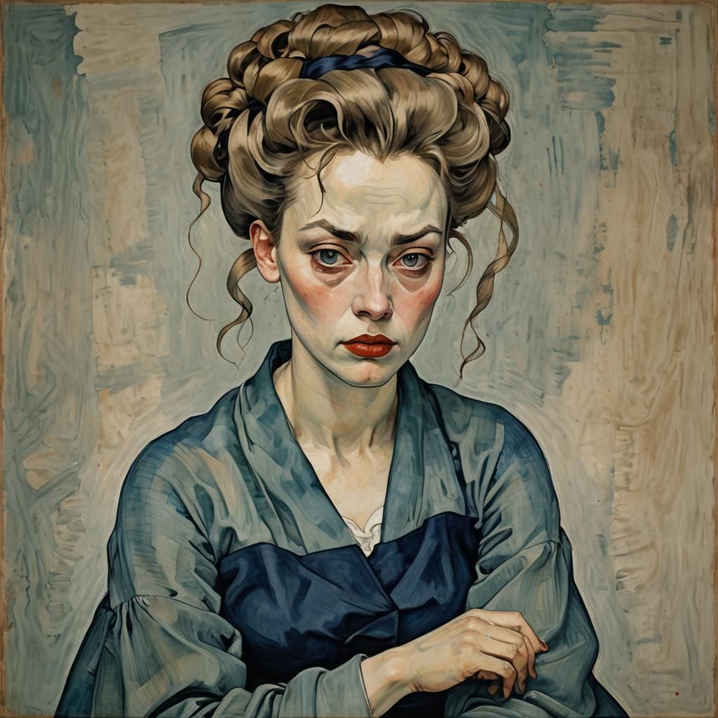 Ash Blonde Woman in Blue Gown, Expressionist Portrait