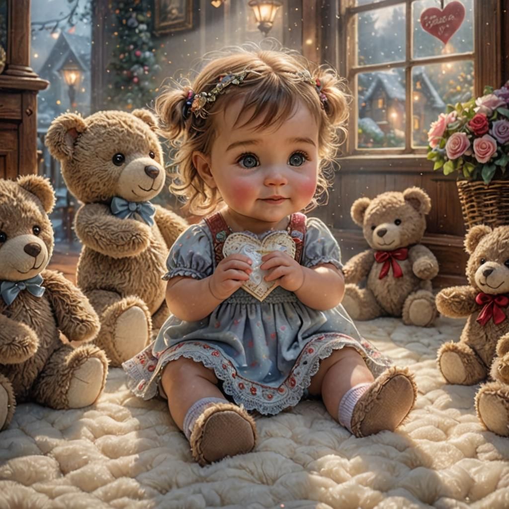 Baby Girl Playing with Teddy Bears in Ethereal Style