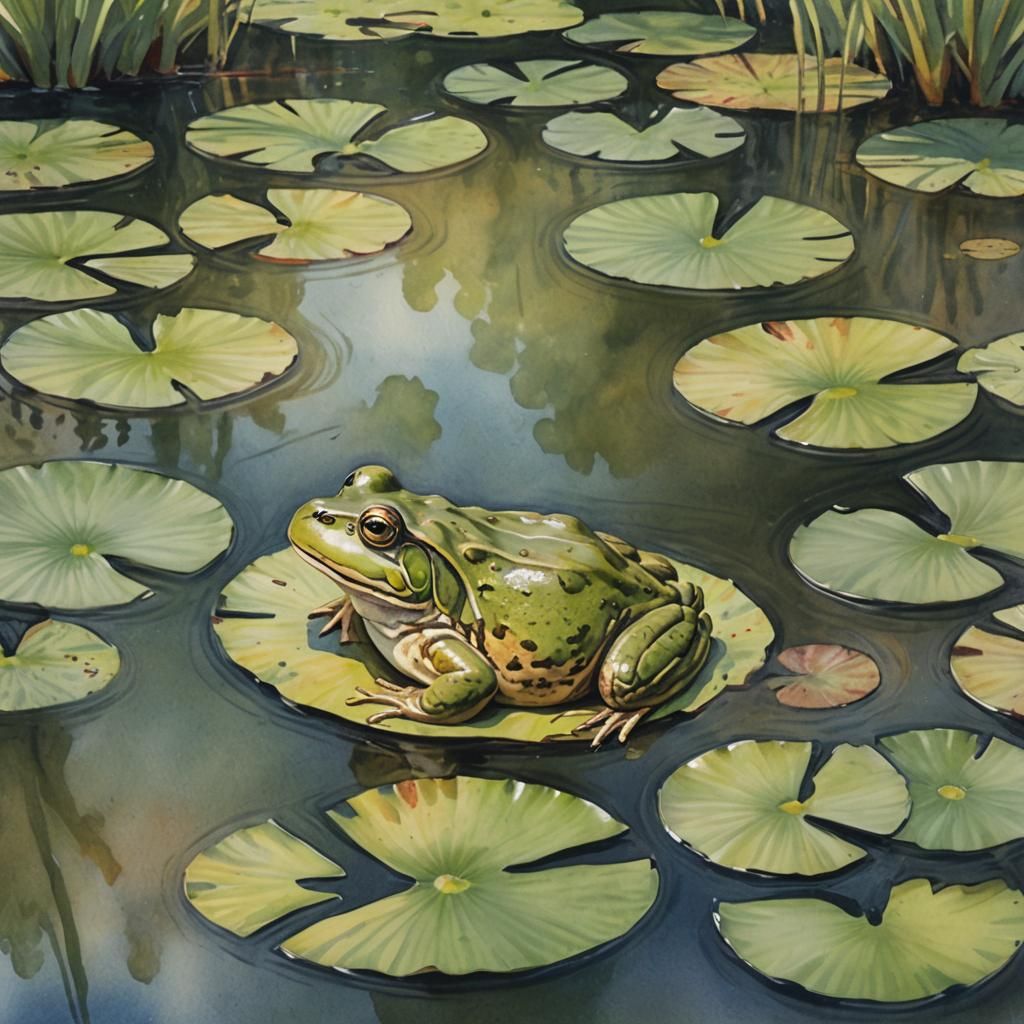 Bullfrog on Lily Pad in Watercolor Impressionism