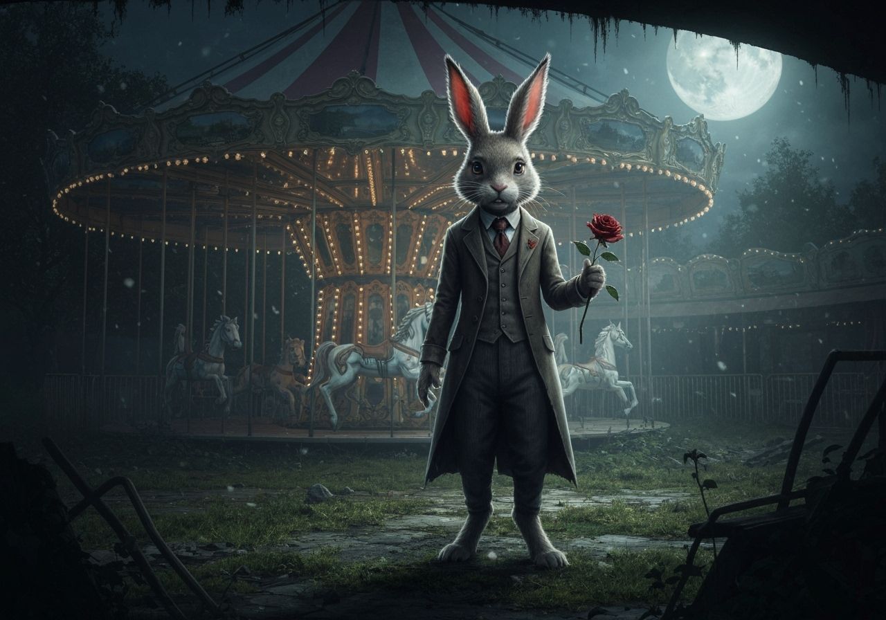 Melancholy Rabbit at Desolate Moonlight Fairground