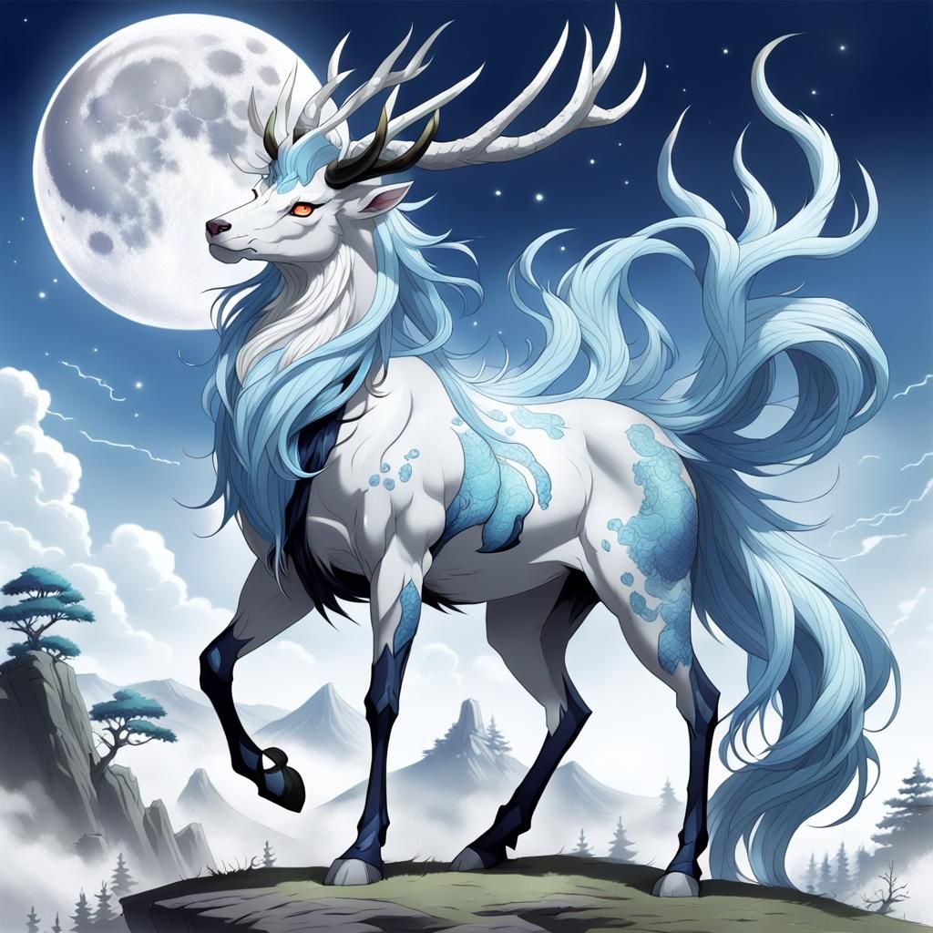 Deer-Faced Kirin with Black Antlers in Anime Style