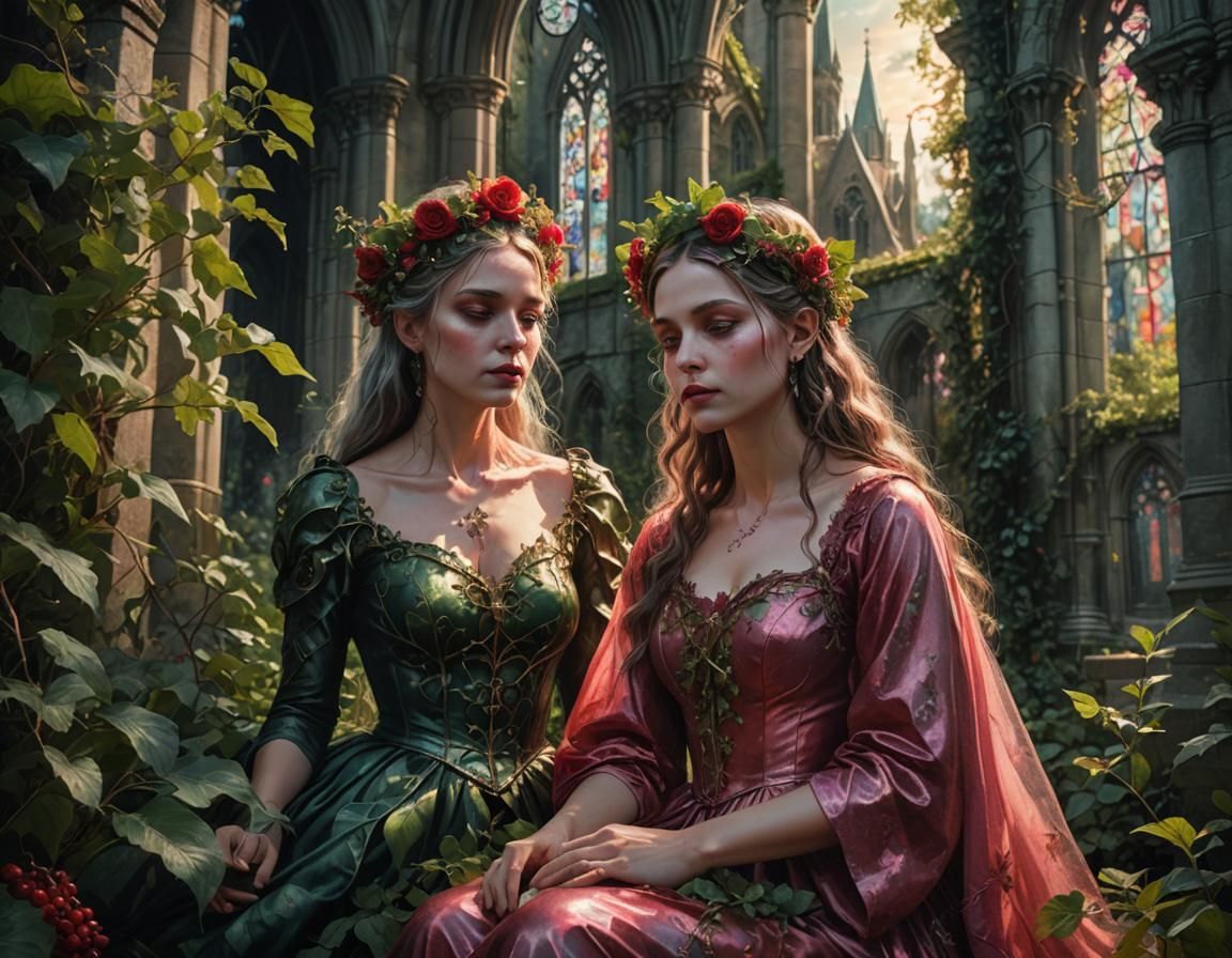 Fantasy Woman in Red Dress Under Full Moon