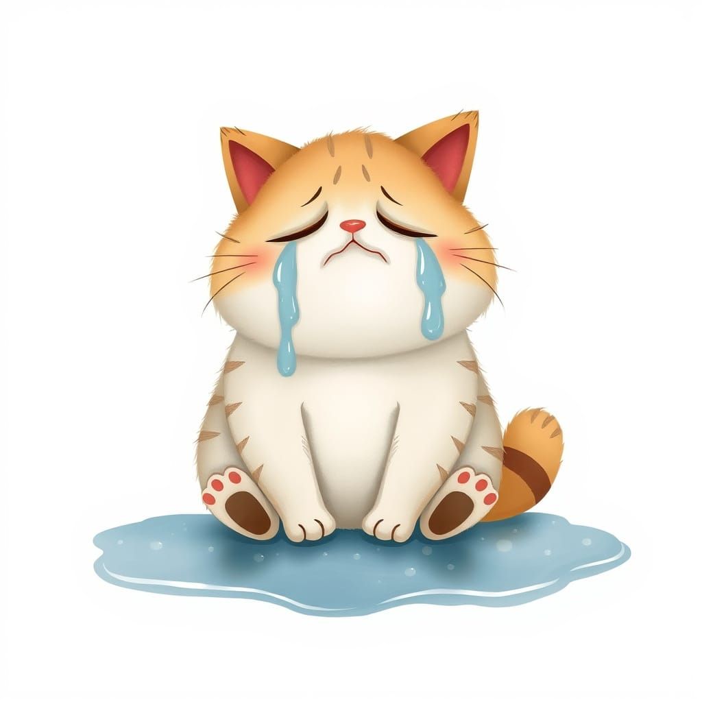Sad Fluffy Cat Weeping in Teardrop Puddle