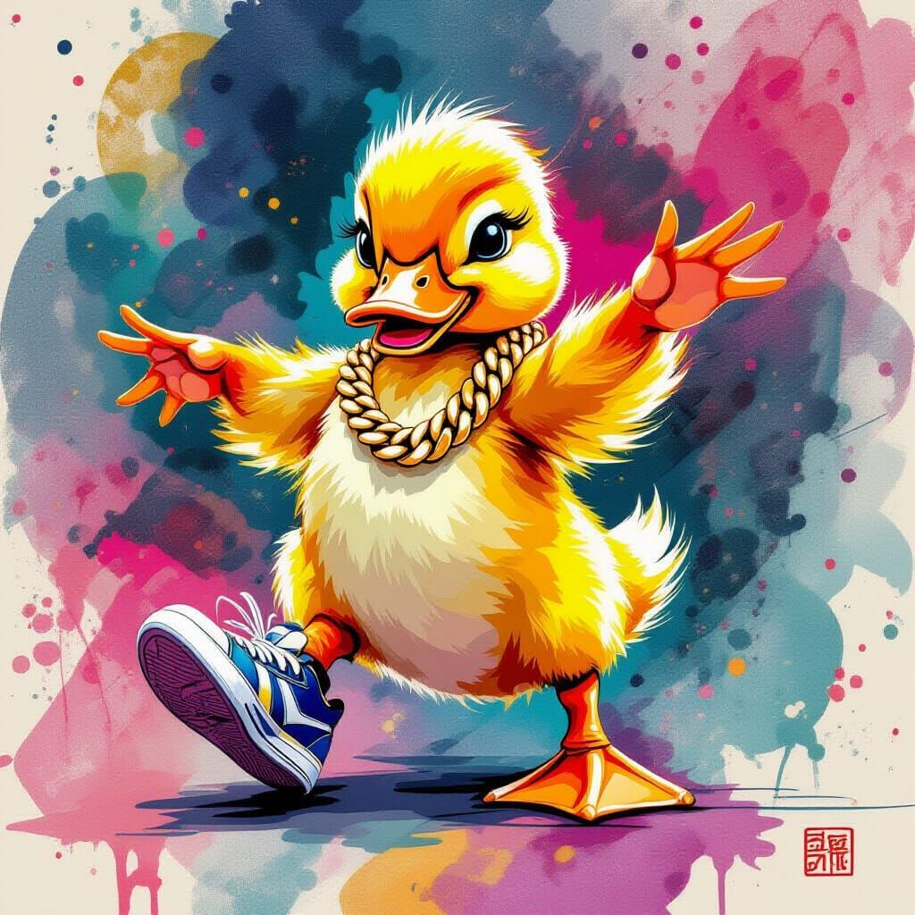 Breakdancing Duckling with Gold Chain and Sneakers