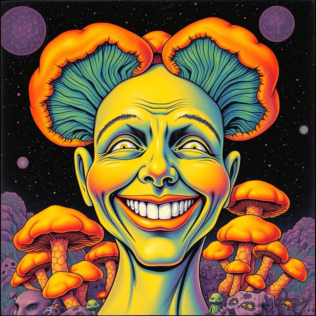 Surreal Smiling Face in Psychedelic Fungus Landscape