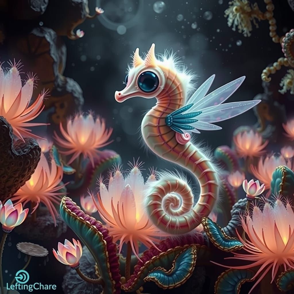 Iridescent Seahorse with Wings in Crystal Cave