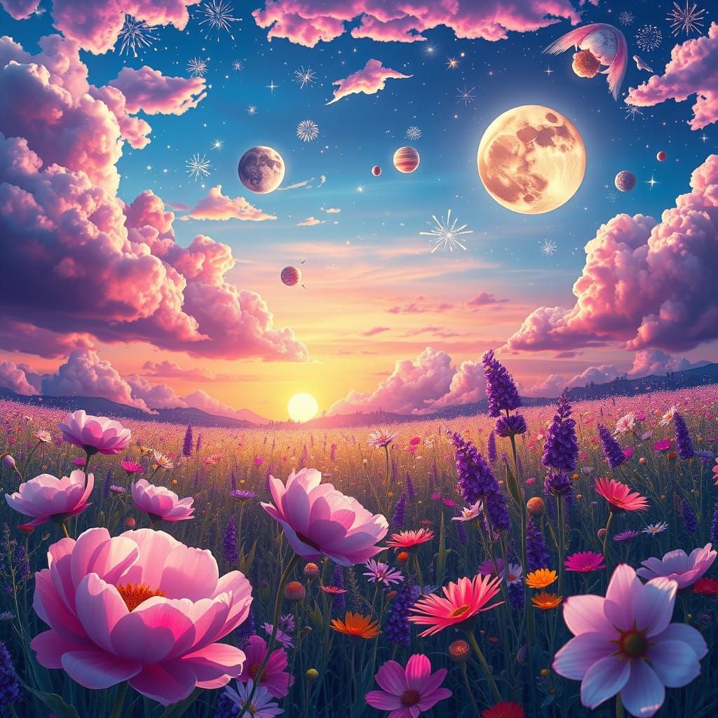 Whimsical Dreamlike Fairytale Meadow in Vibrant Colors