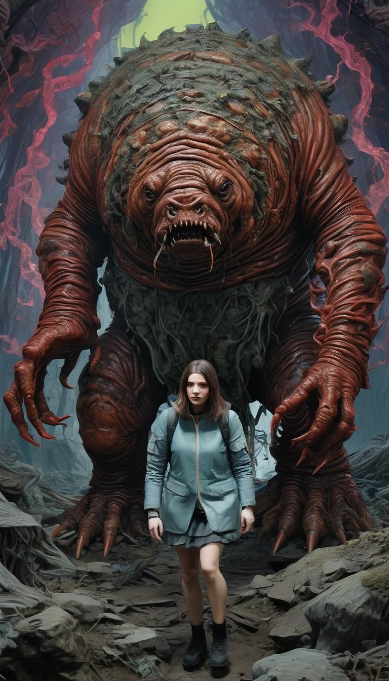 Surreal Horror Scene: Mutant Tardigrade and Emo Girl in Post...
