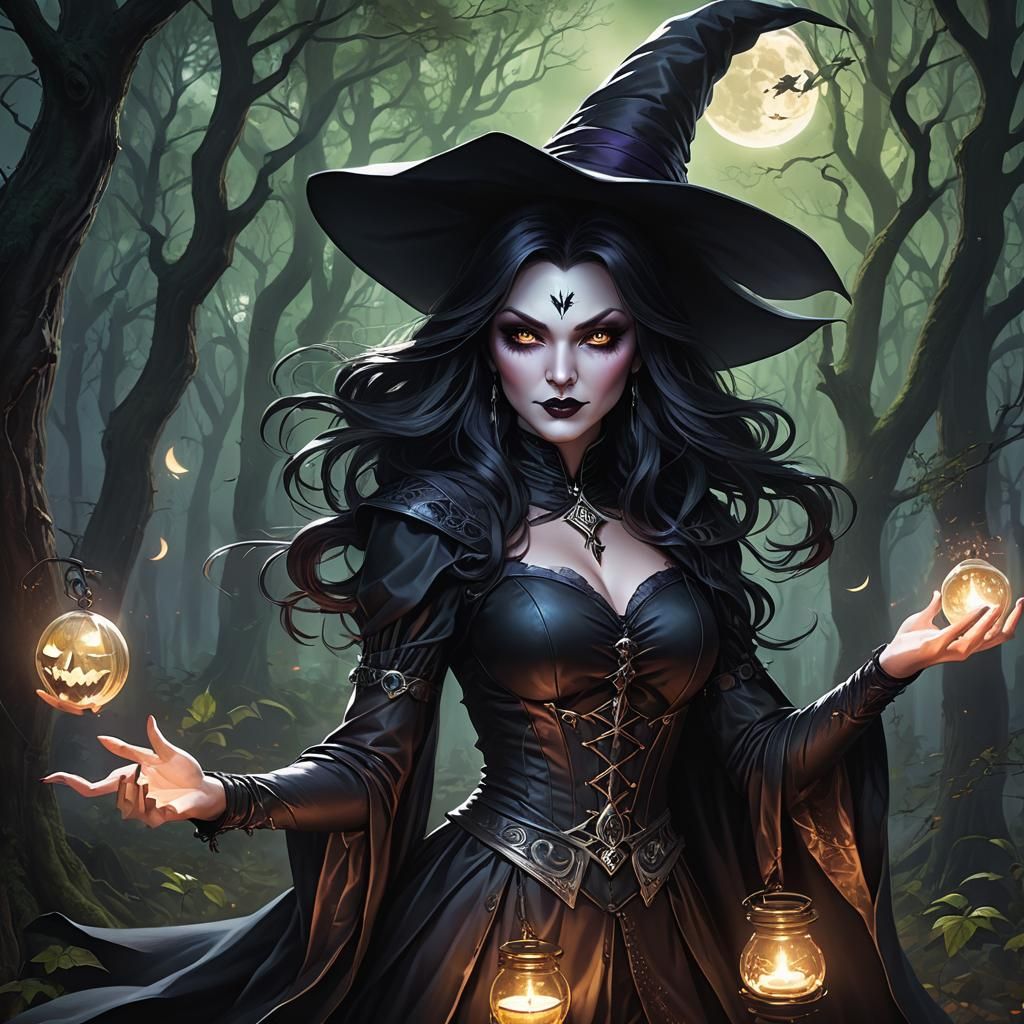 Gothic Wicked Witch in Forest Seance, Digital Art