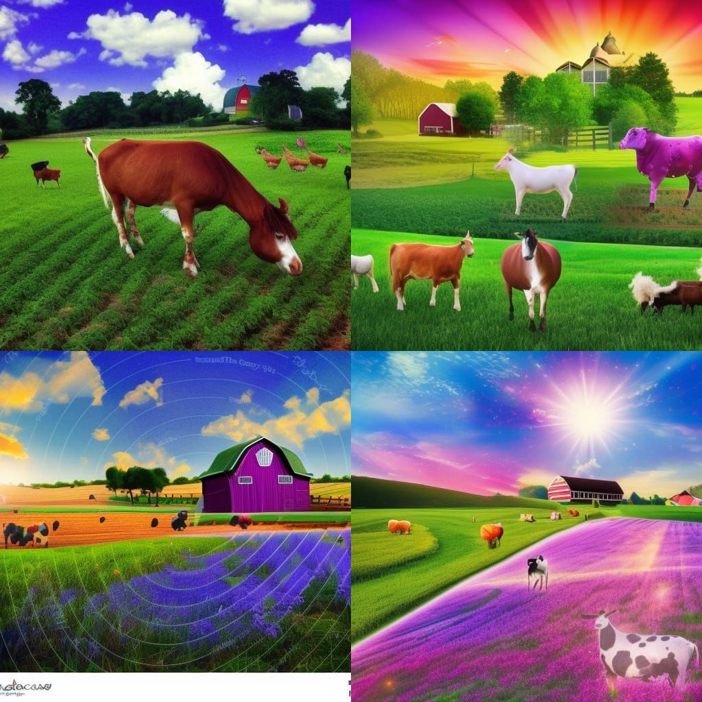 Magical Farm Landscape with Colorful Sky