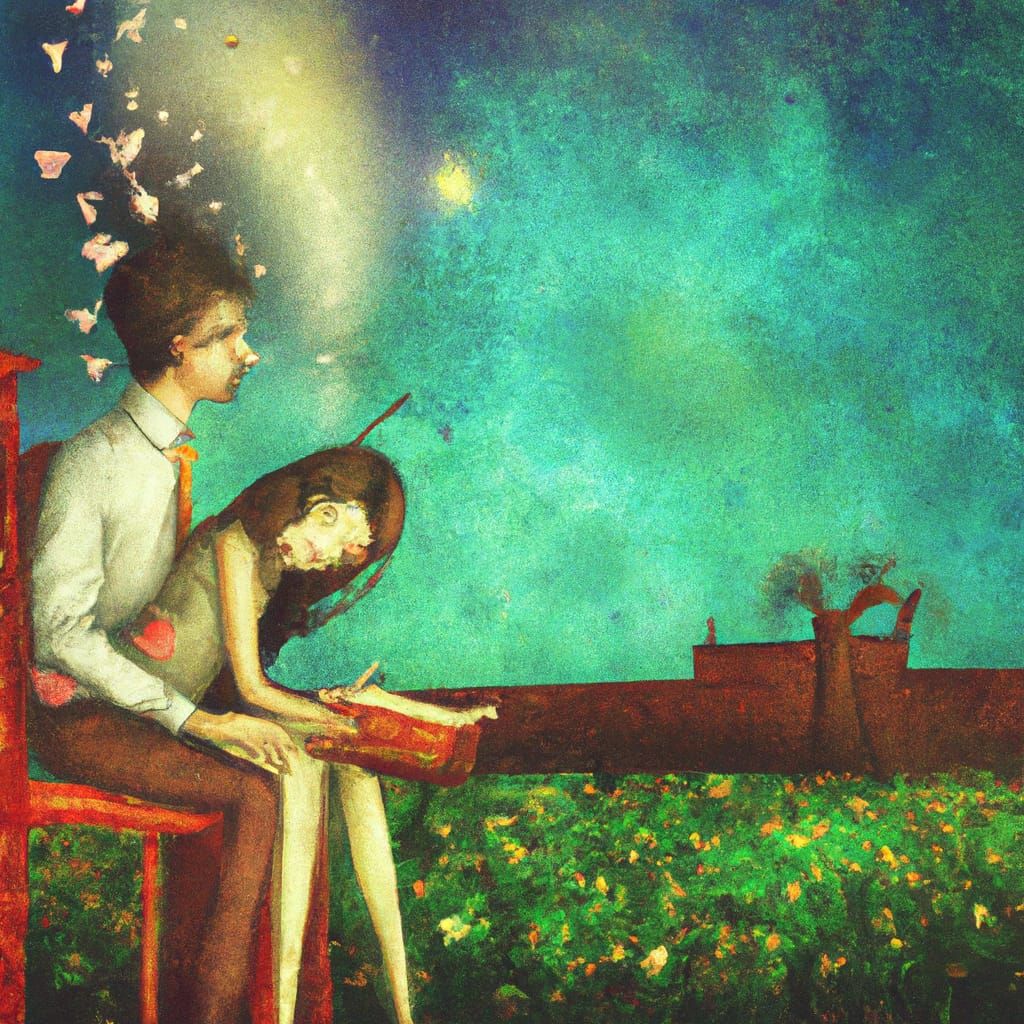 Lovers Embrace in Surreal Storybook Illustration