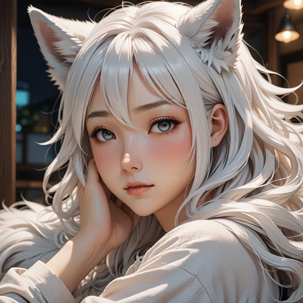 Anime Girl with Wolf Ears Sleeping Peacefully