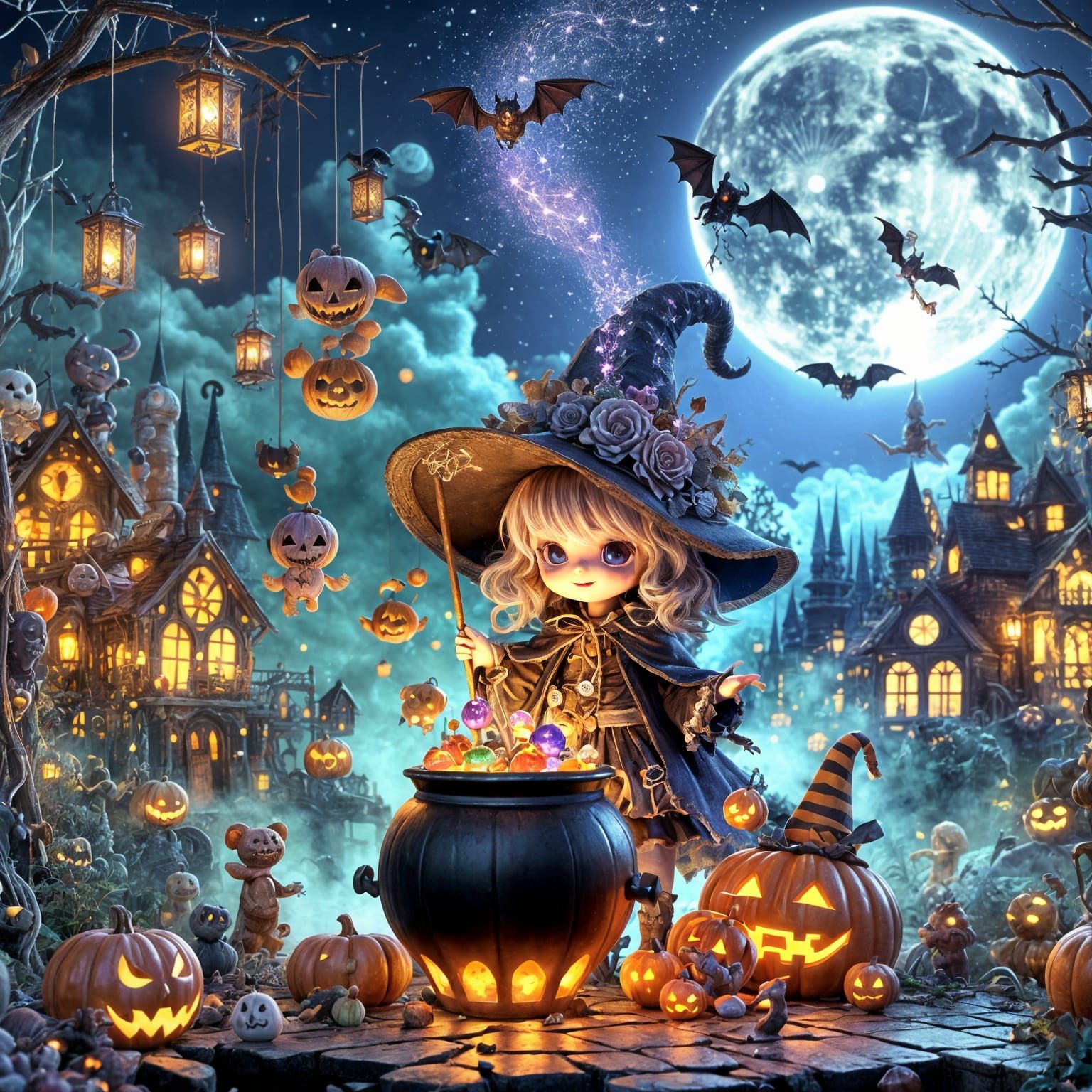 Gothic Witch with Halloween Candy, 3D Digital Art