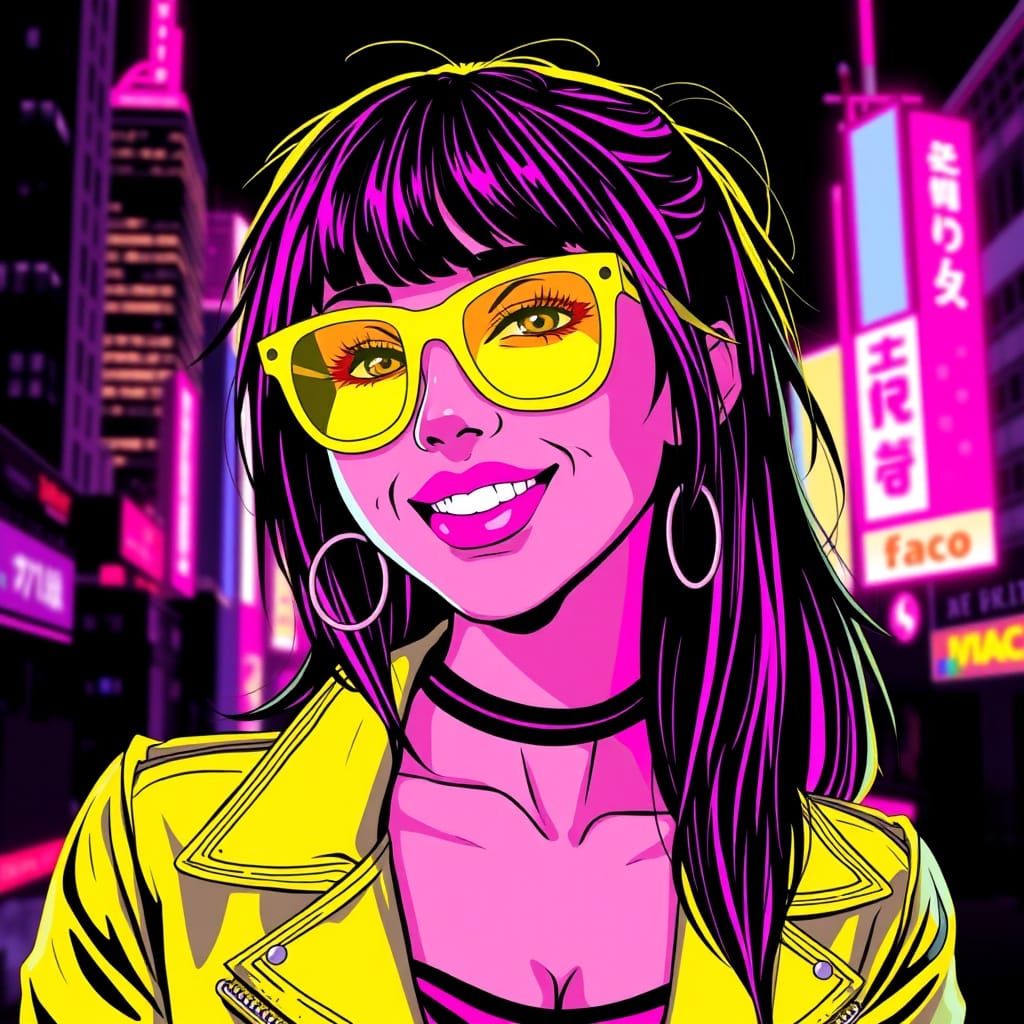 Punk Woman in Neon Cityscape