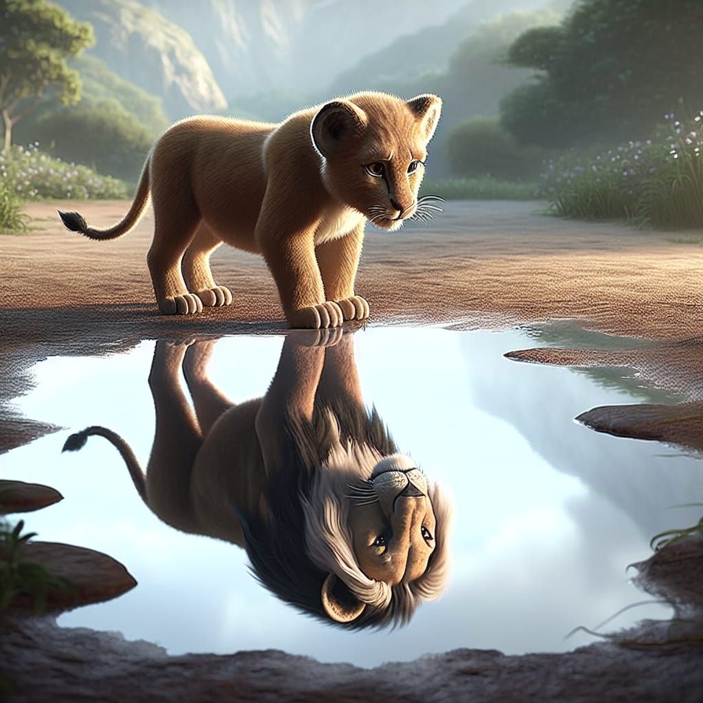Lion Cub's Brave Reflection: Digital Art