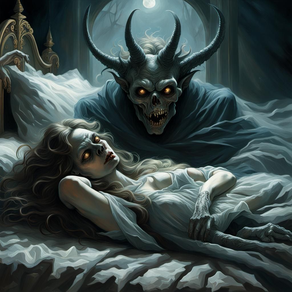 Woman in Sheer Gown with Demon, Horror Art