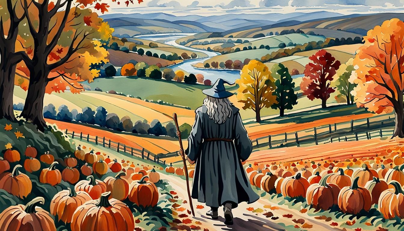 Impressionist Autumn Landscape with Wizard Figure