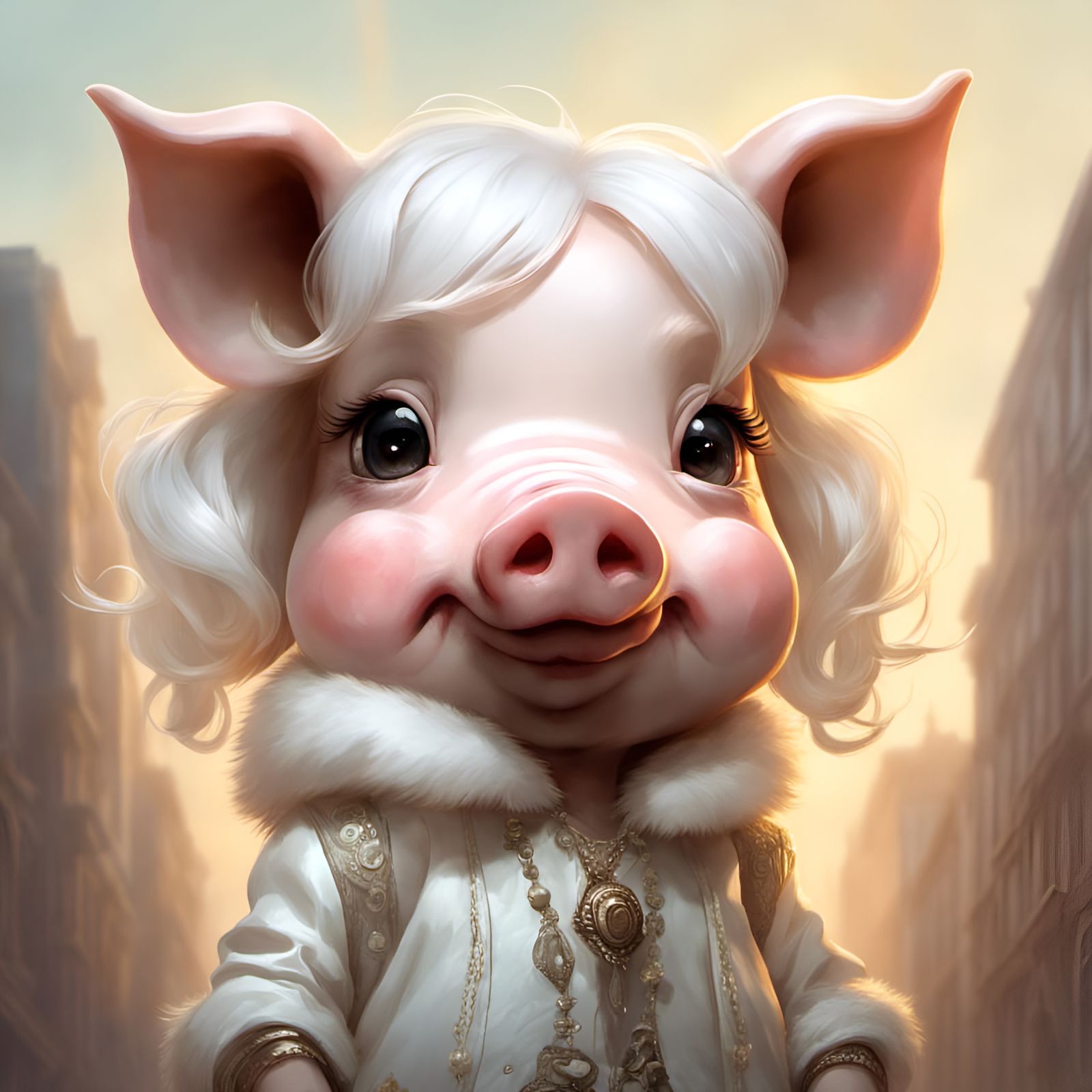 Adorable Pig in Wig, Maximalist 3D Render