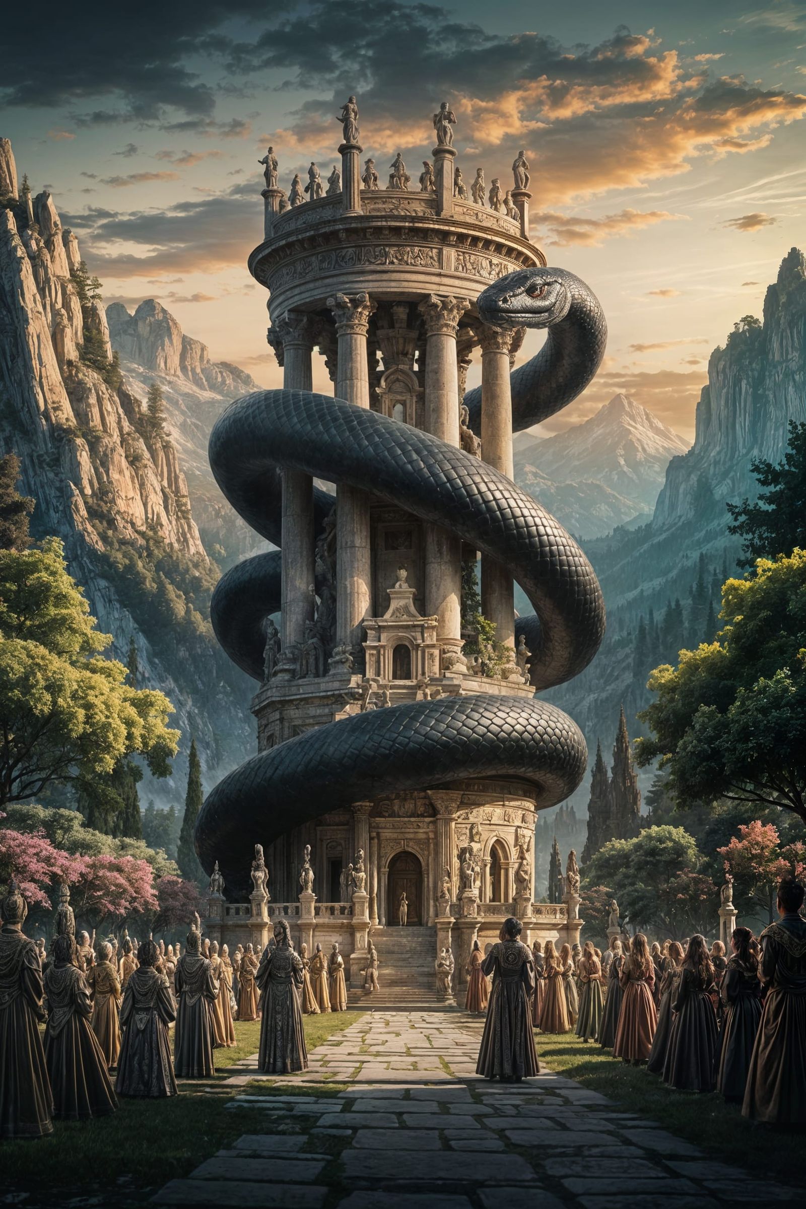 Mystical Serpent Coiled Around Ancient Greek Tower