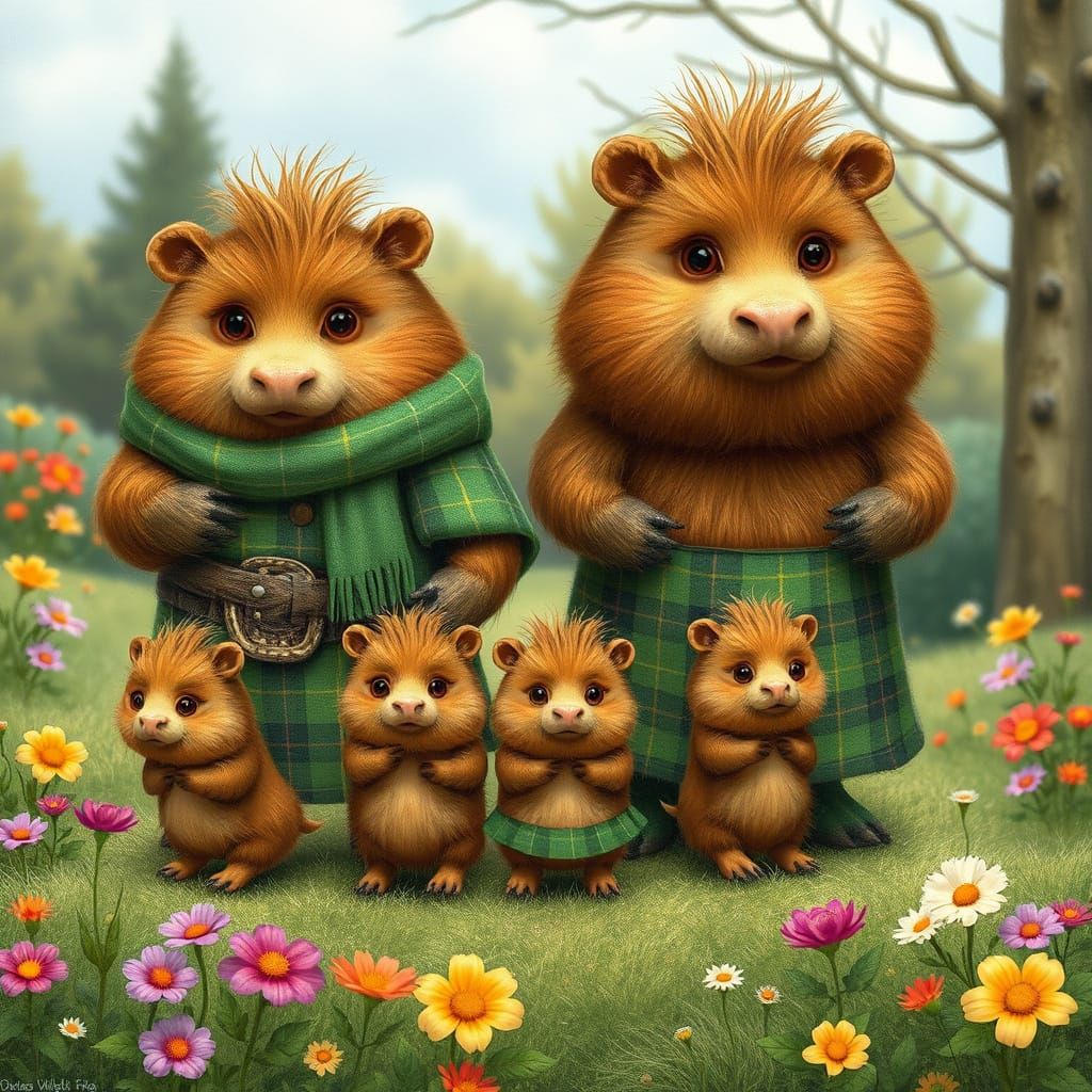 Scottish Haggis Family Stroll in Whimsical Park Illustration