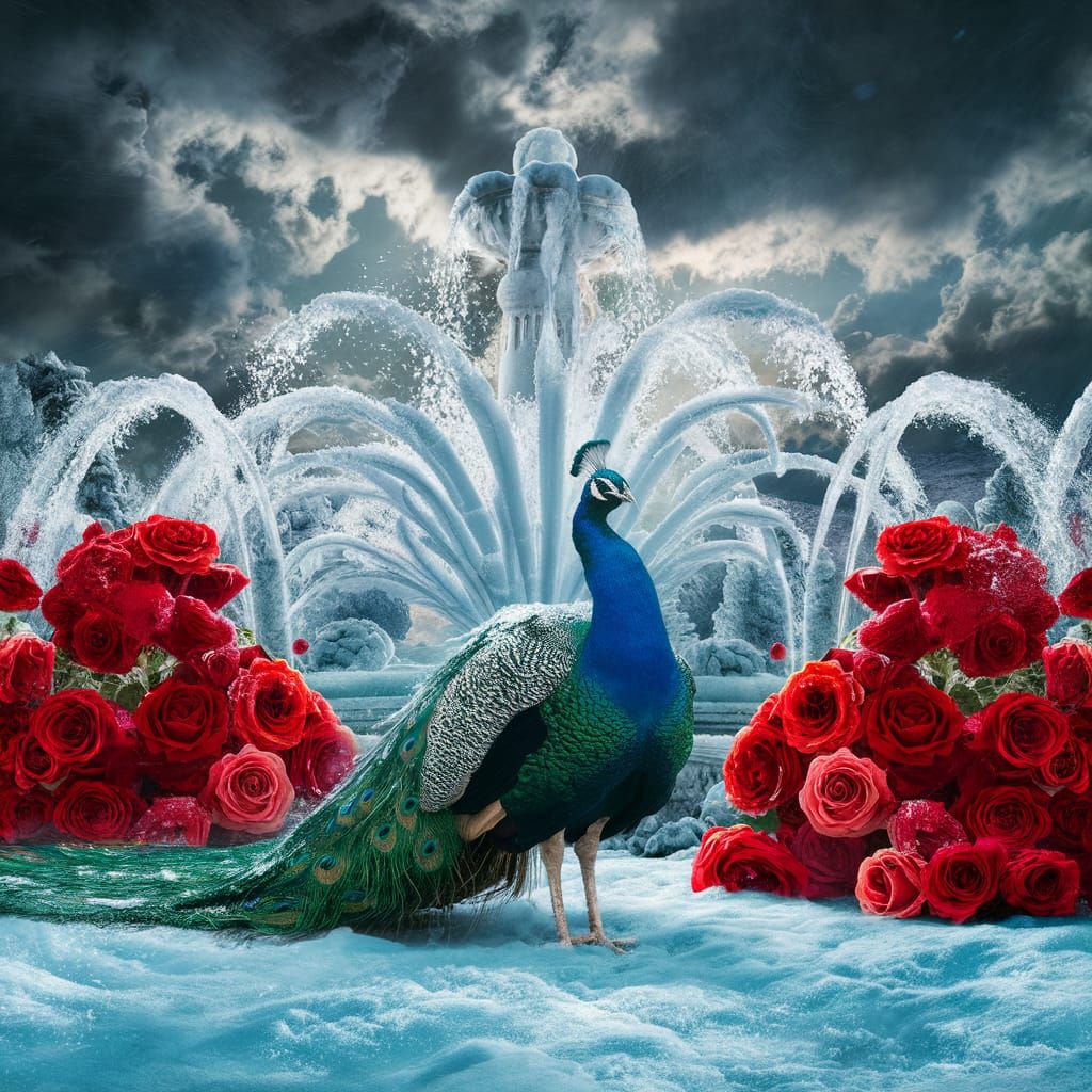 Winter Peacock in Snow with Red Roses
