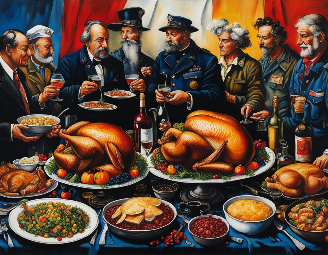 A thanksgiving dinner for the homeless Veterans,  modern European ink painting beautiful colourful detailed painting oil...