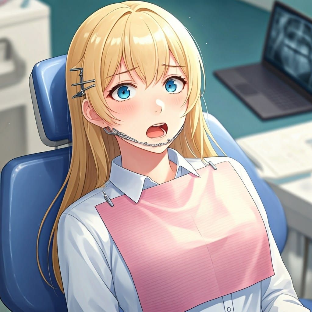 Anime Woman's Dental Fear: Manga-Style Illustration