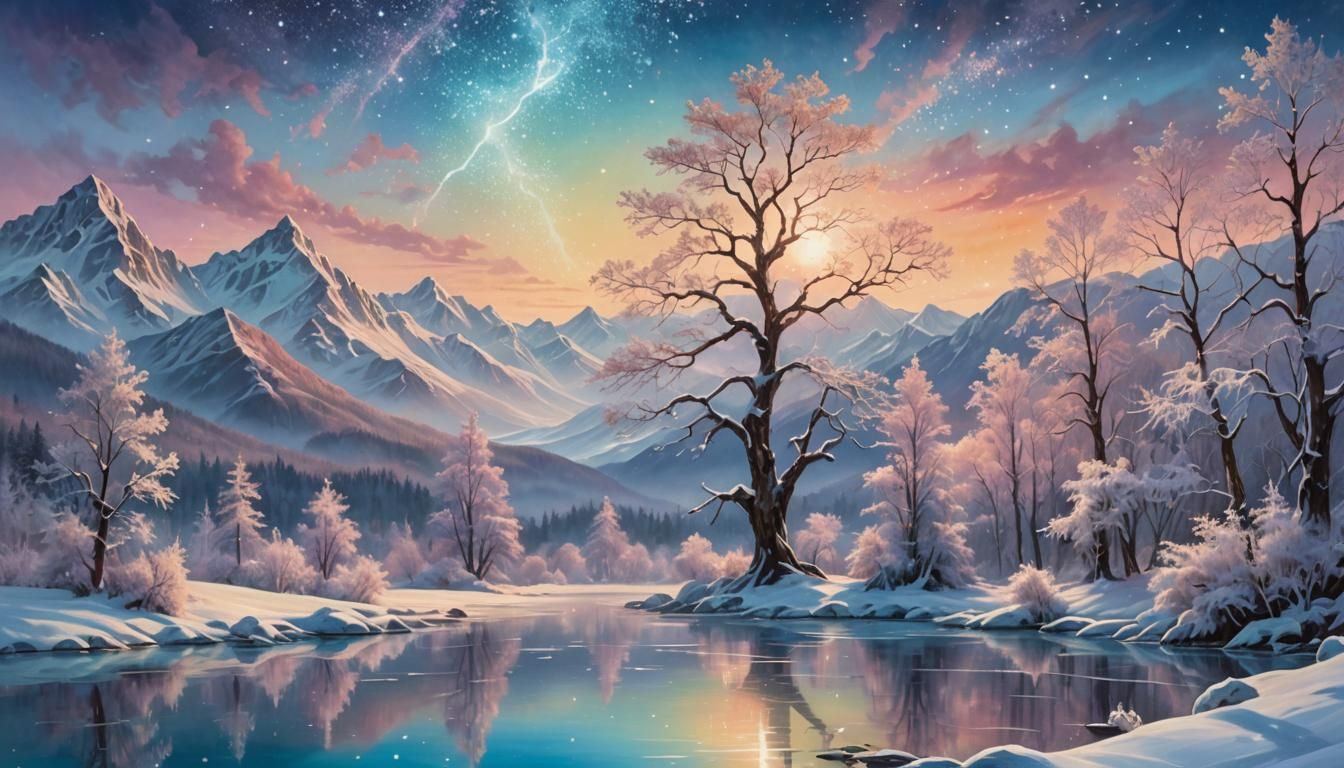 Ethereal Winter Mountain Scene in Watercolor Style