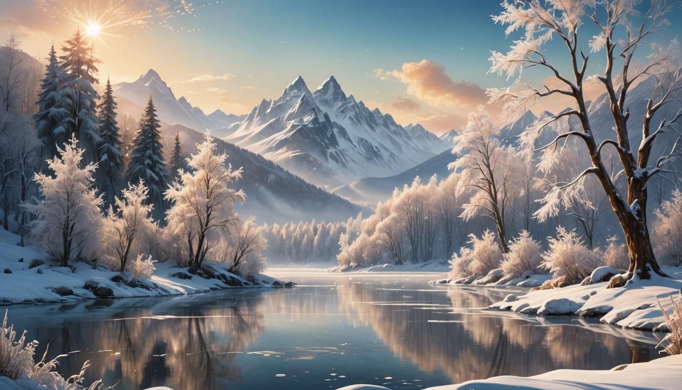 Frozen Pond in Winter Mountains: Ethereal Fantasy Art