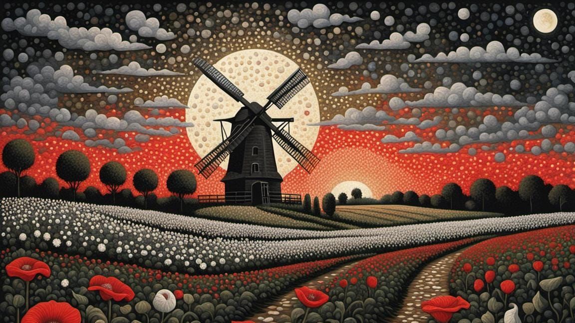 Pointillist Moonflower Field at Sunset