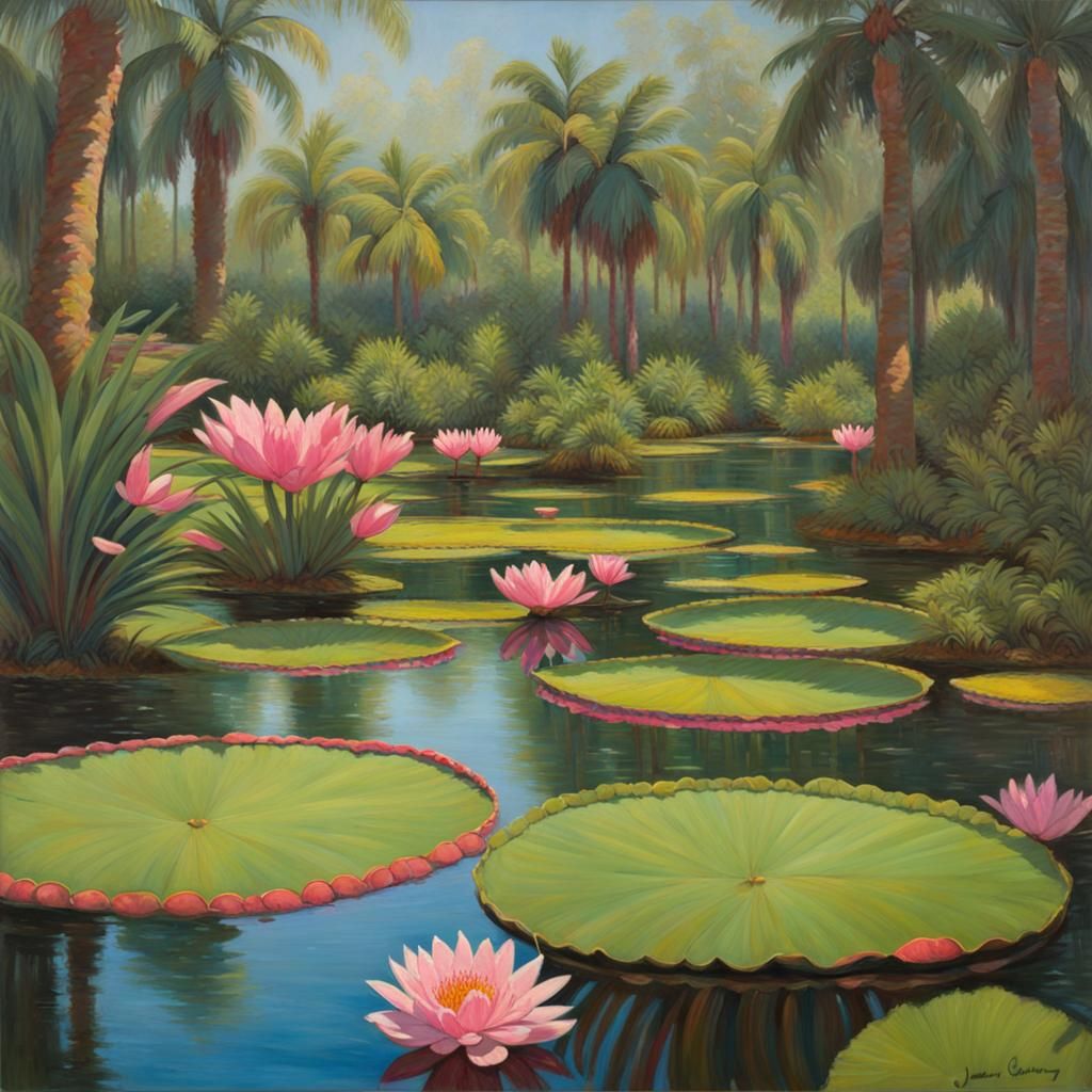 Botanical Garden with Giant Lily Pad Pond as Oil Painting