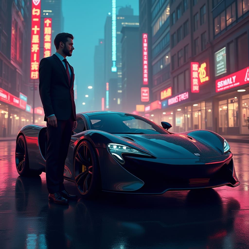 Businessman and Sports Car in Neon Cityscape