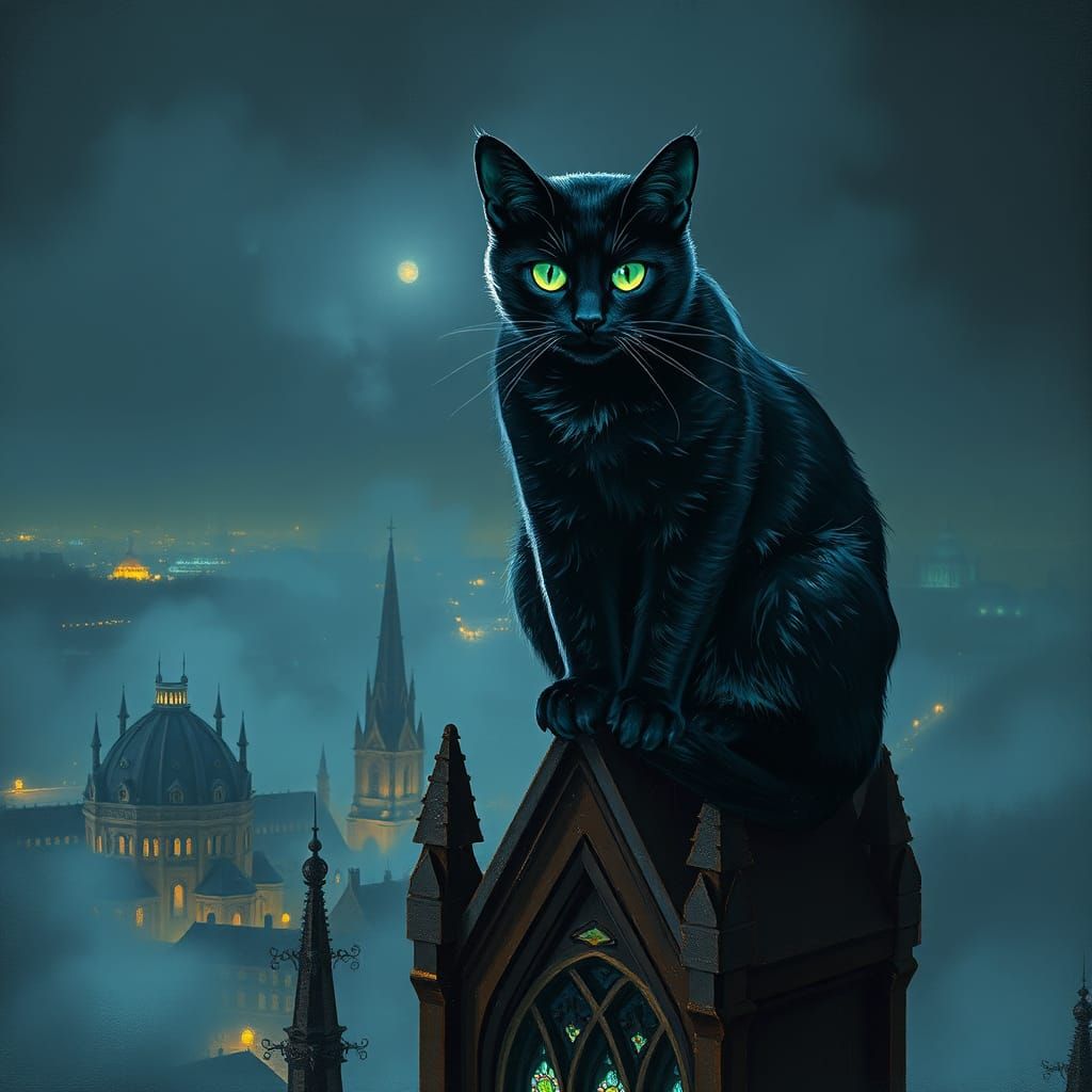 Bioluminescent Cat Overlooks City in Neo-Impressionist Style