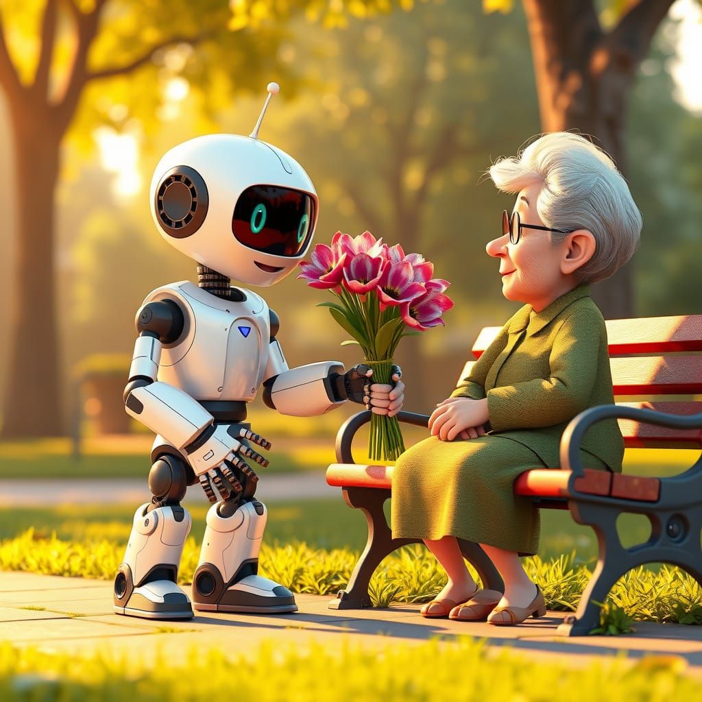 Robot Offers Flowers to Woman, World Kindness Day