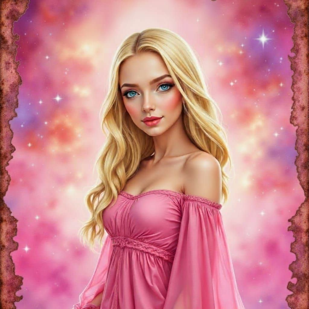Blonde Woman in Pink Dress with "Friend" in Rosy Galaxy Font