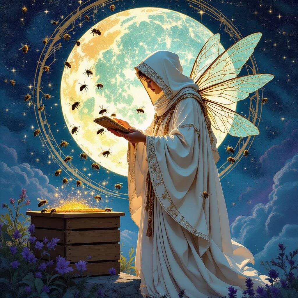 Celestial Beekeeper Tending Crystal Hives in Art Nouveau Sty...