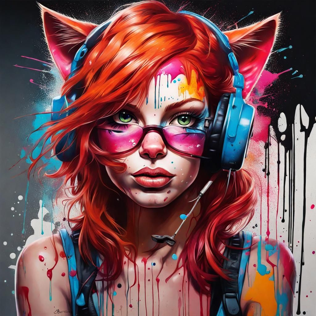 Redhead Cat-Girl in Graffiti Splash Art
