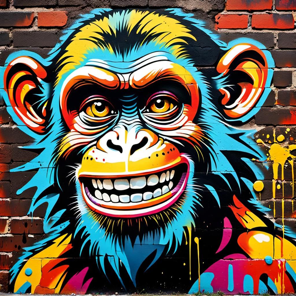 Laughing Monkey Graffiti Art on Brick Wall