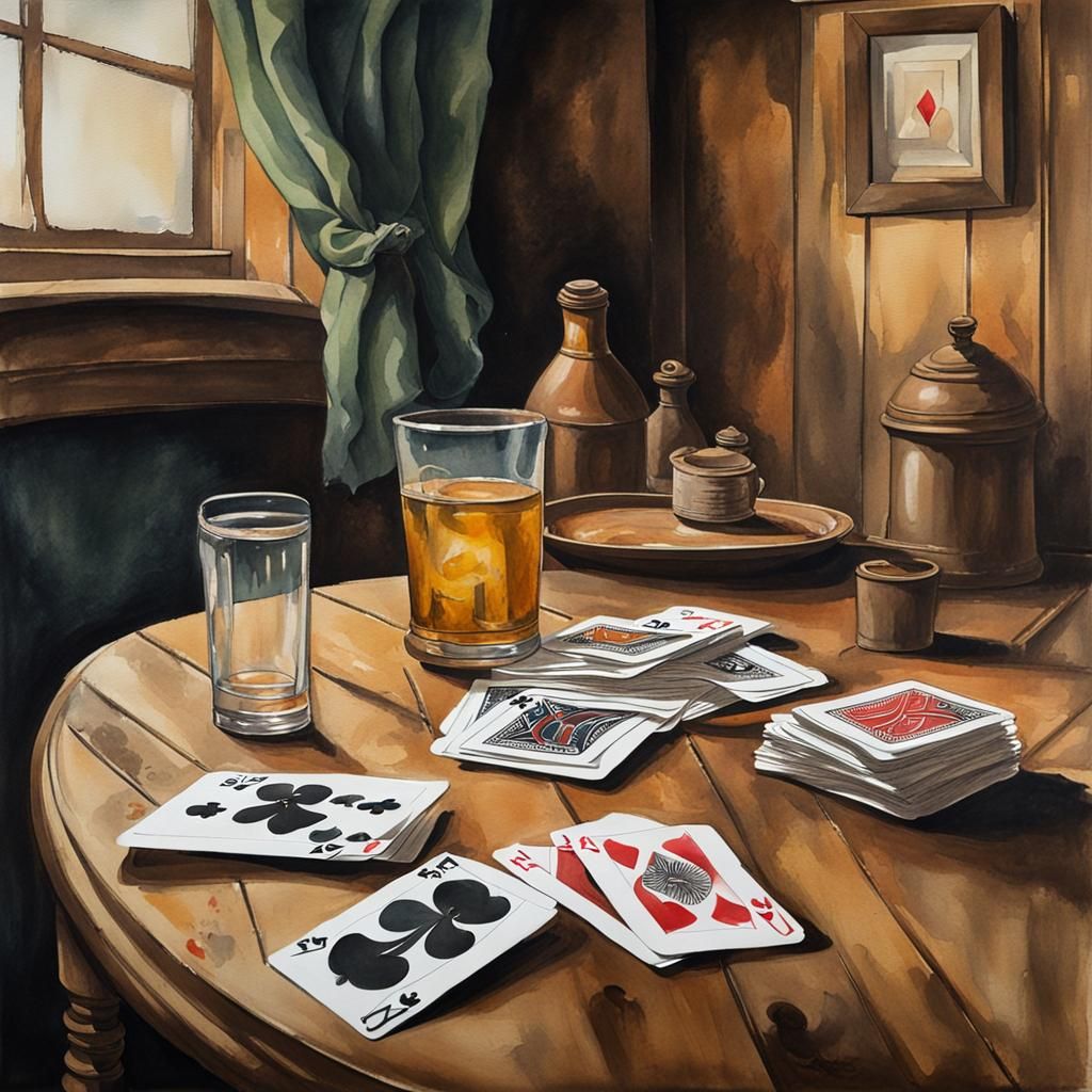 Watercolor Card Game in Old Sailor Tavern