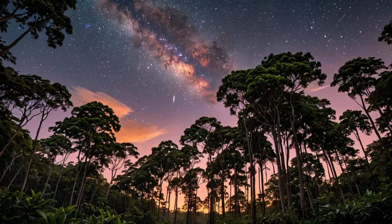 Stonehenge Amidst Rainforest at Sunset Under Stars