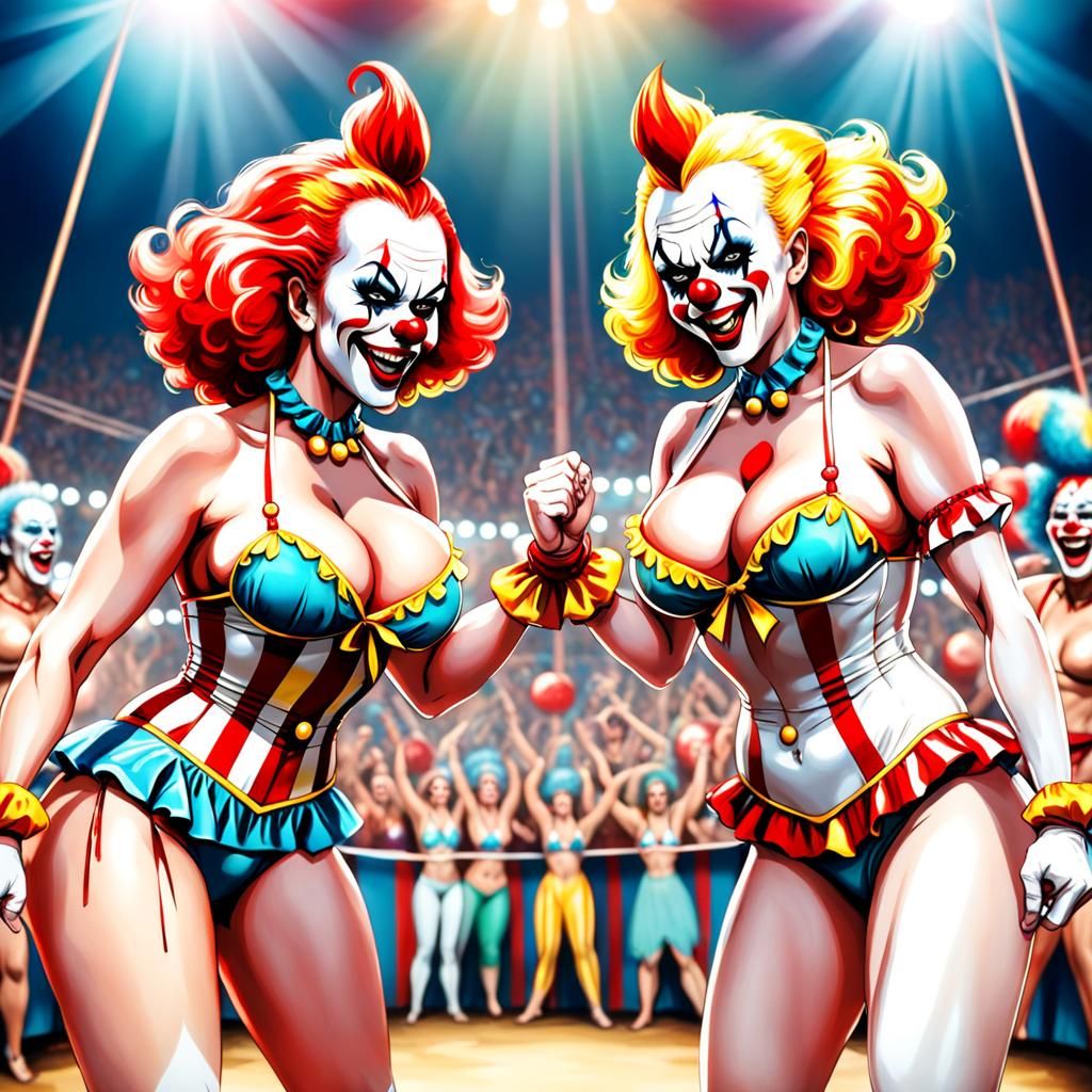 Bikini Clowns Catfight Staredown in Circus