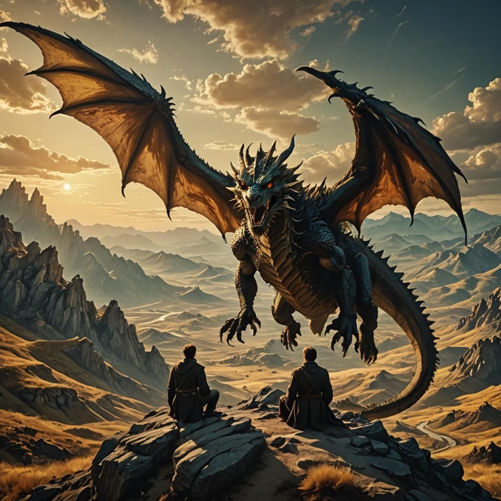 Human-Dragon Hybrid on Barren Peak in Cinematic Style