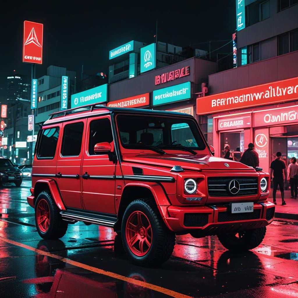 Red Mercedes Benz G-Wagon in Synthwave Neon Style