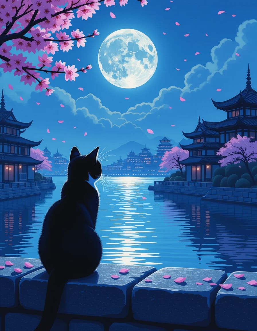 Moonlit Harbor View with Black Cat in Photorealistic Style