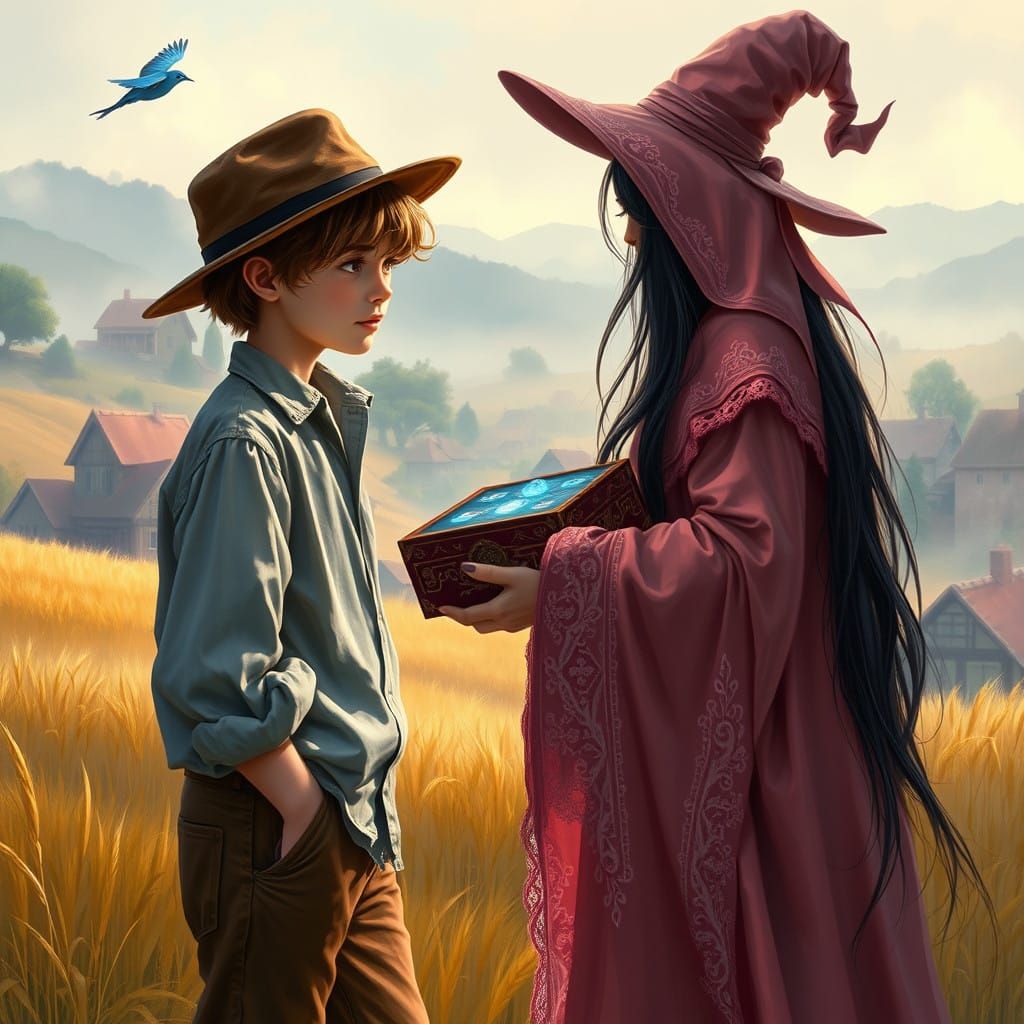 Enchanted Boy Meets Mystical Witch in Whimsical Landscape
