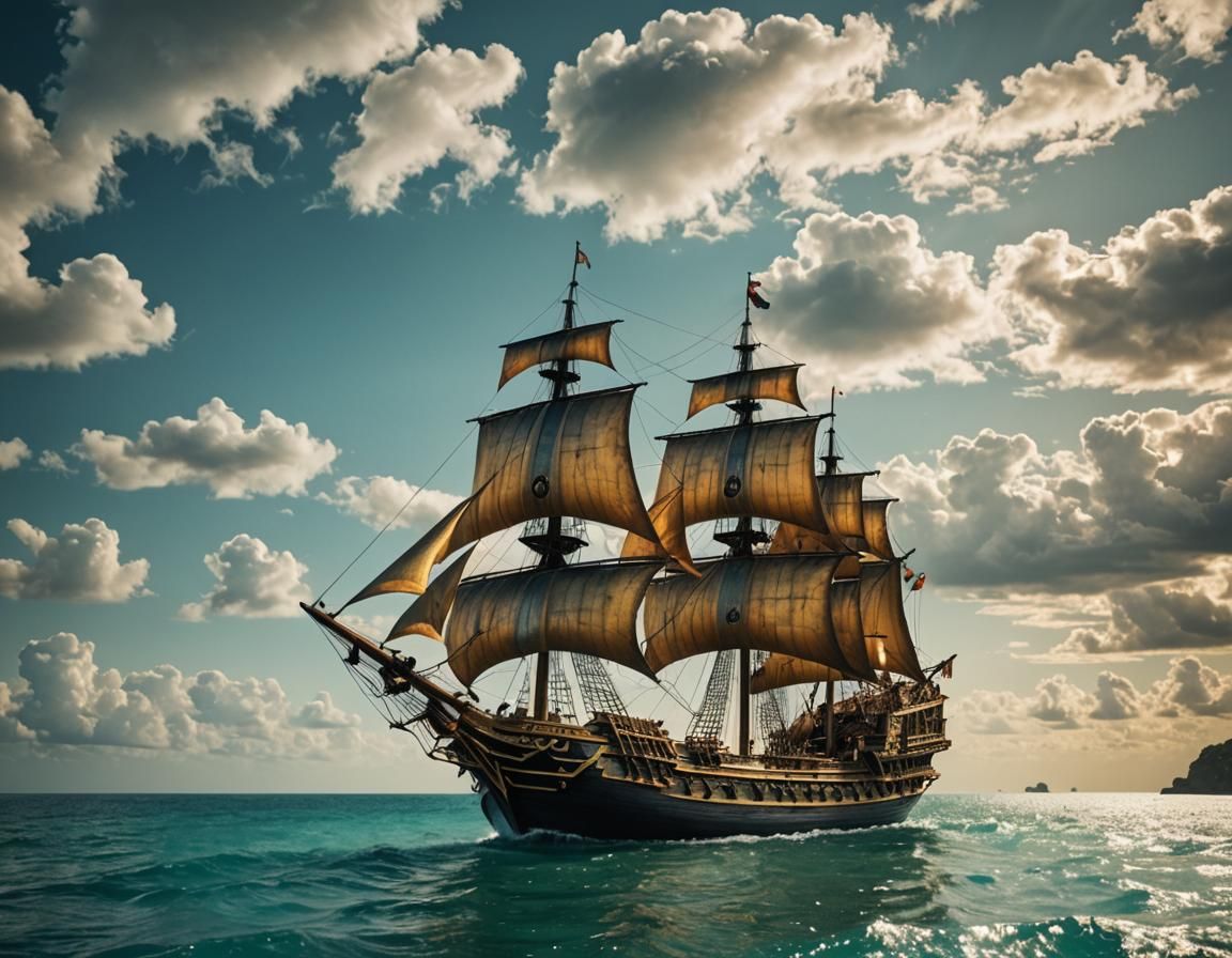 Golden Galleon Sailing Crystal Sea: Cinematic Film Still