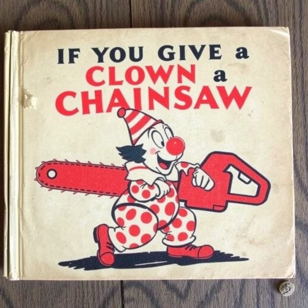 Vintage Children's Book Cover: Clown with Chainsaw