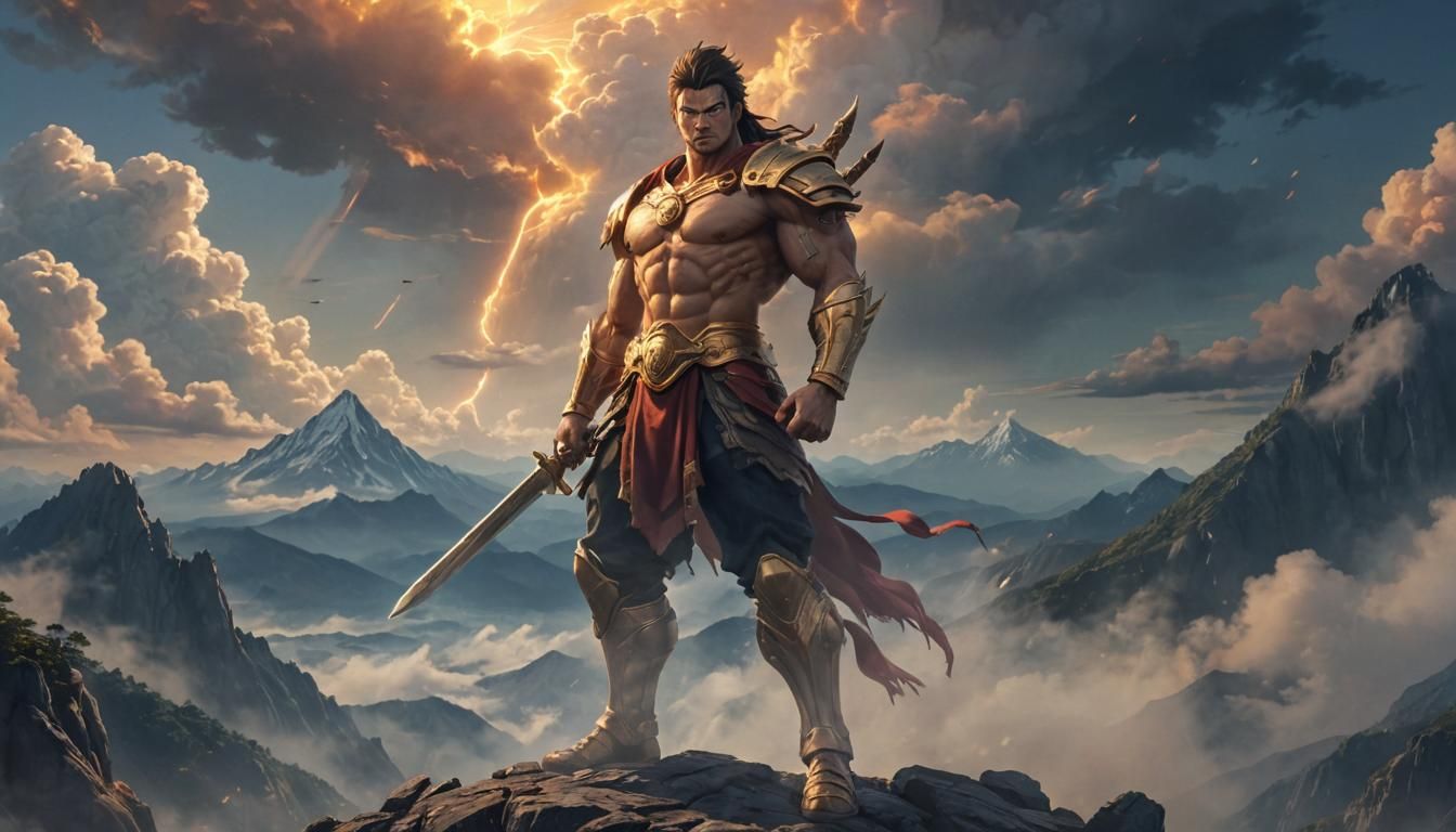 Heroic Anime Warrior on Misty Peak in Manga Style